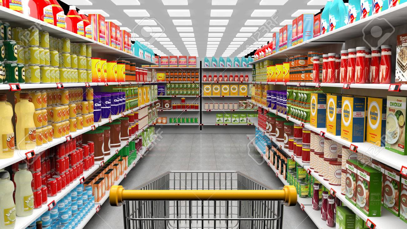 Illustration of grocery store from the view of a grocery cart.