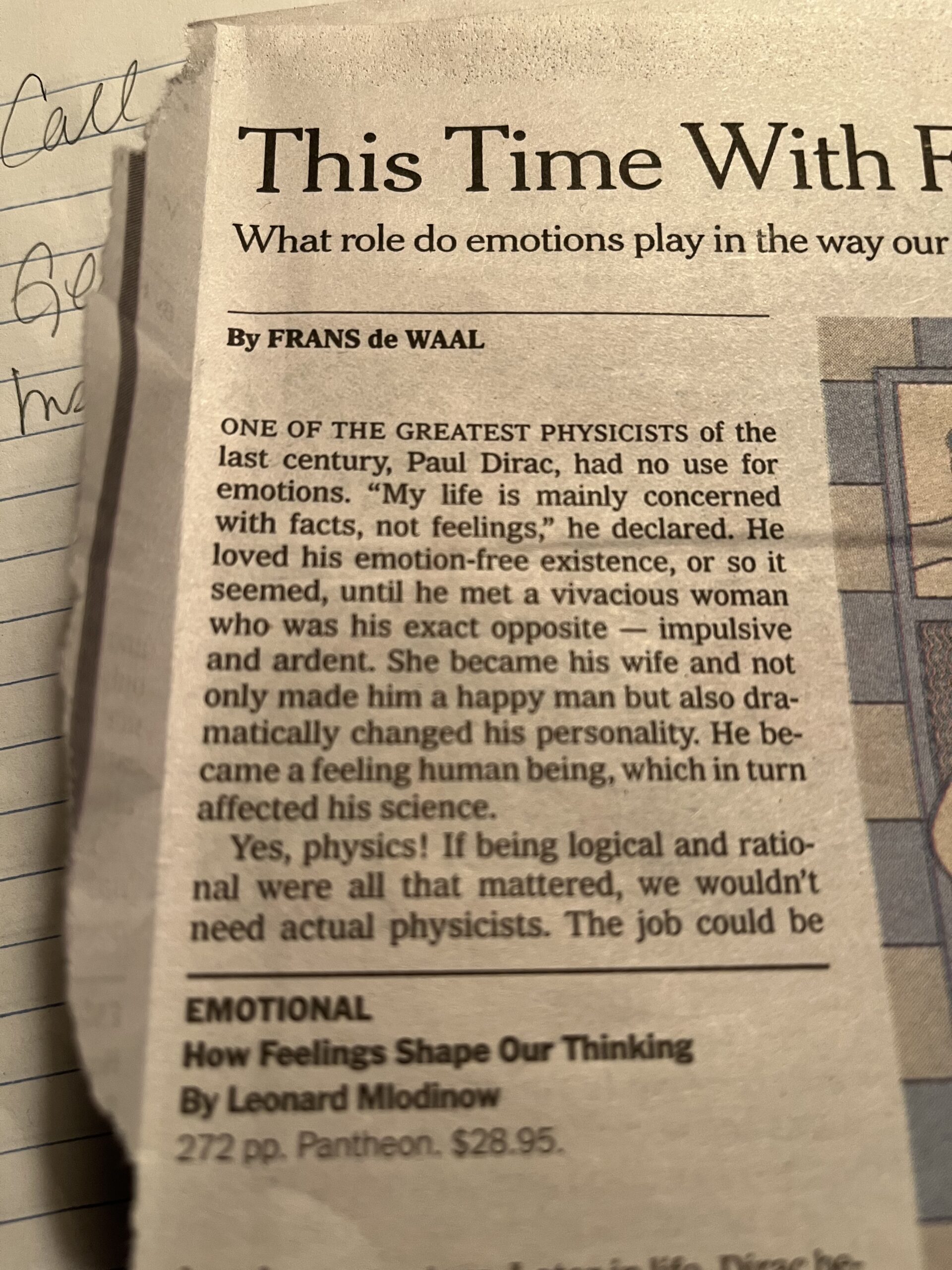 Newspaper clipping of a story by Frans de Waal.