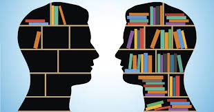 Two heads with bookcase illustrations and books in their heads.