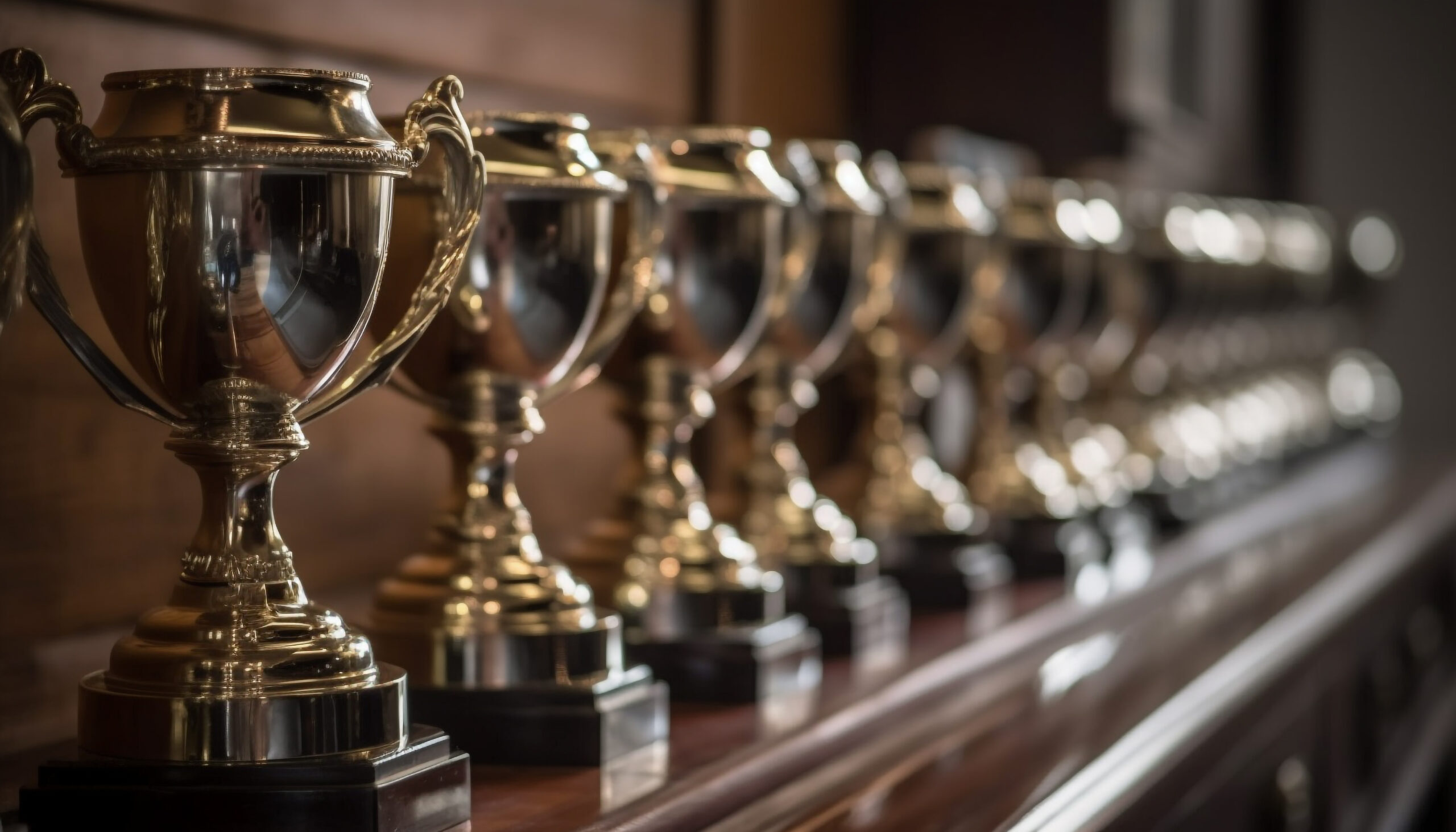 Row of trophies on a shelf.