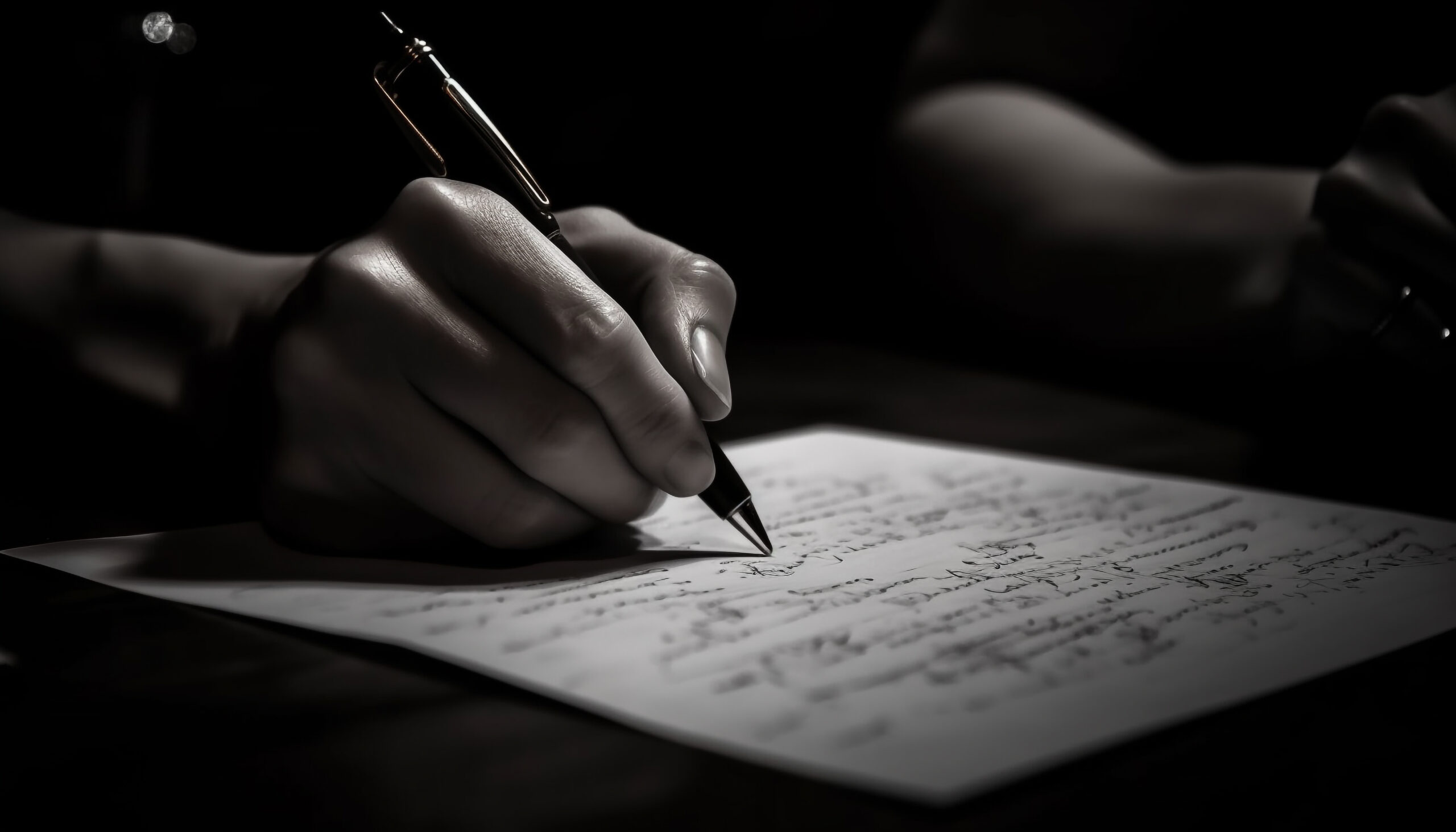 Hand holding pen and writing on a piece of paper.